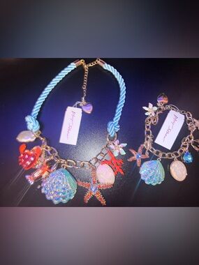 Betsey Johnson Blue and Coral Sea Charm Statement Necklace and bracelet set NWT
